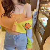 Korean Sweet Chic Women Knit Suits Vintage V Neck Flower Button Crop Cardigans and Tank Top 2 Pcs
