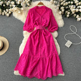 Women Embroidary Gentle Summer Dress V Neck Sashes Hollow Out Casual Vacation Short Sleeves Ladies Long A Line