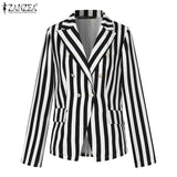 Fashion Double Button Short Coats Women Autumn Vertical Striped Coats Casual Office Lady Long Sleeves Outwears