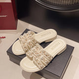 Summer New Small Scented Pearl Slippers Women Wear Flat Bottom One-Word Drag Beach Cool Drag