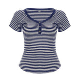 Trendy Base Simple Stripe Bump V Collar Three Buckle Short-Sleeved T-Shirt Top 2025