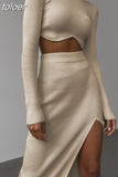 Autumn Sexy Solid Ribbed 2 Two Piece Sets Club Outfit For Women 2023 Long Sleeve O Neck Crop Top And Skirt Sets
