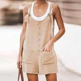 Jumpsuit Summer Sleeveless Solid Short Rompers Overalls Casual Button Pocket Strapless Woman Suspenders Bib Short