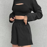 Super Short T-shirt+Camisole+Sports Shorts Woman Autumn Three-Piece Suit 2021 Casual Slim Female Sports