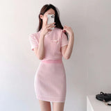 Summer Women's Suit with Skirt Dress Set Elegant Sweet Solid O-Neck Short Sleeve Knitted Shirt Sweater Skirt 2 Piece
