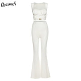 Elegant Women Solid Ribbed Knitted Matching Set Strapless Top Boot Cut Pant Two Piece outfit High Street Casual
