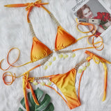 Toloer New Sexy Strap Gradient Print Women's Split Swimsuit Luxury Crystal Diamond Bikini Shell
