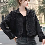 Pearls Long Sleeve Crop Jacket Women 2023 Autumn Turn Down Collar Loose Short Coat Woman Single-breasted Jeans