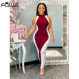Summer Streetwear Blue Black Patchwork Bodycon Jumpsuit Women Skinny Sleeveless Elastic One Piece Outfit Female