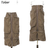 High Elastic Waist Brown Pocket Zipper Long Casual Half-body Skirt Women Korean Fashion Tide New Autumn Winter