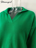 Polo Collar Sweaters Oversized Women Autumn Winter Loose Long Sleeve Top Knitted White Pullover Solid Sweater For