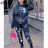 Graffiti Streetwear Two 2 Piece Set Women Tracksuit Female White Black Hoodies Pants Women Matching Sets Outfits