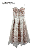 TWOTWINSTYLE Sexy Embroidery Sling Dress For Women Square Collar Sleeveless High Waist Midi Dresses Female Summer Clothing