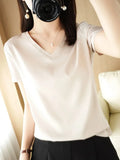 White Satin Top Short Sleeve Women Silk Blouses Vintage T Shirt Summer Solid Gray Satin Blouse Shirts For Women