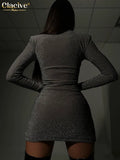 Elegant Gray Glitter Dresses For Women Bodycon O-Neck Long Sleeve Mini Dress Lady Fashion Slim Slit Party Dresses