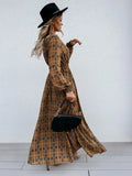 Casual Khaki Plaid Lace-up Neck Split Maxi