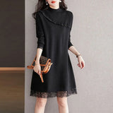 And Winter Knitted Dress Women's Casual Lace Sweater Skirt Medium-Length Semi-High Collar Bottom Sweater Girl-Outfit