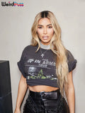 Character-Print Ruffles T-Shirt Womam Summer O-Neck Short-Sleeve Sexy Casual Trend Fashion Wild Skinny Streetwear Top-Outfit