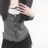 Wind Holiday Two Wave Point Square Collar Spliced Button Blouse Girl 2024 Collision Color Small Bow Knot Wooden Ear T-Shirt-Outfit