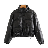 Women Fashion Faux Leather Padded Jacket Thick Warm Parka Coat Vintage Long Sleeve Female Outerwear Chic