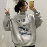 Women Fall/Winter Harajuku Punk Style Oversized Lazy Cartoon Letters Plus Velvet Turtleneck Pullover Women