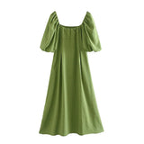 Women Green Pleated Dress Puff Short Sleeve Ladies Dresses Square Collar Loose Knee Length Dress Sundress Ropa