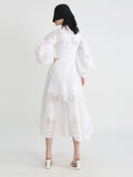 Elegant Solid Dresses For Women Stand Collar Long Sleeve Single Breasted High Waist Tunic Embroidery Dress Female