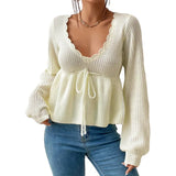 Women Hollow Sweaters Spring Autumn Clothes Knit Tops Solid Color Long Sleeve Drawstring Waist Pullover Sexy Club Knitwear-Outfit