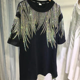 Women Tops Sequin Print Tees Round Neck Half Sleeve Loose Casual Regular Splice T Shirts Simple Hot Drilling Mid Length Top-Outfit