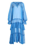 Spring Patchwork Ruffles Women's Dresses V Neck Petal Sleeve Loose Perspective Holiday Dress Fashion Clothes