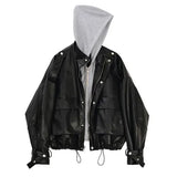 VAREY LIN Hooded Leather Jackets New Autumn Women Epaulet Pockets Button Zipper Hoodies PU Leather Moto Biker