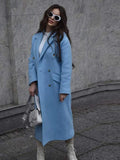 Breasted Blue Woolen Coat Women Lapel Collar Pockets Solid Long Wool Coat Winte Fashion Warm Loose Woolen