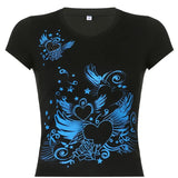 Y2K Cartoon Print Crop Top Grunge Fairycore T Shirt Black Short Sleeve O Neck Pullovers Women Summer Casual Basic
