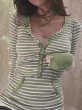 Vintage Striped Ribbed Knit Button Front