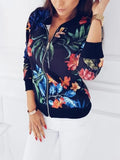 Winter Print Bomber Jacket Women Flowers Zipper Up Retro Coat Long Sleeve Basic Plus Size Short Biker Jackets