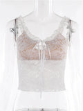 Retro Lace Floral See Through Sleeveless Camis Tops for Women 2023 Ruffle Strap Tie-up O-neck Slim Fit Tank Mini Vest-Outfit