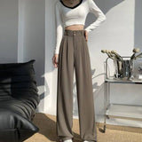 Waist Wide Leg Pants for Women New Loose Straight Coffee Trousers Autumn Double Buttons Casual Suit Pants Female-Outfit