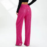 Women Sequins Wide Leg Pants Autumn Clothes Chic and Elegant Elastic High Waist Pants Female Clothing y2k Streetwear-Outfit
