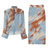 Slim Print Colorblock Two Piece Set Womens Lapel Long Sleeve Shirt High Waist Midi Skirts Female Sets Fashion