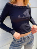 Women Lace Patchwork Long Sleeve T-Shirts Top Round Neck Spring Fall Slim Fit Tees Shirts Casual Pullovers Streetwear-Outfit