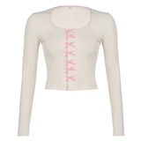Desire Young Girl Feeling Bow Tie U-Shaped Slim Long-Sleeved T-Shirt 2024 Spring / Summer New Fashion Blouse-Outfit