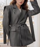 Autumn New Solid Color Big Collar Loose Collar Belt Short Suit