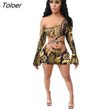 Cut Out Women Set Outfit Autumn Winter Leopard Chain Print 2 Pieces Set One Shoulder Top Leggings Pant Fashion