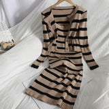 Korean Sweet Hit Color Patchwork Striped Spaghetti Strap Dress and V Neck Long Sleeve Cardigans 2 Pieces