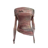 Real Shooting Design Dizzling A Word On The Shoulder Of The Women's Net Exposed Shoulder Long Sleeves Irregularly Folded Short T-Shirt