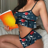Women Camisole Sleep Wear Women Pajamas Heart Print Nightgown Ruffled Flounce Drawstring Shorts Lingerie Home
