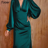 Elegant Green High Waist Trumpet Dresses Sexy V Neck Bodycon Party Dress Autumn Mid-Calf Long Sleeve Dress For Women