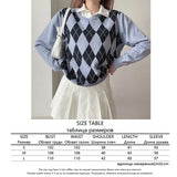 White Casual Plaid Argyle Sweater Ladies Y2K Preppy Style Vinage Knit Jumper Women Antumn Winter Pullover