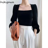 Blusas Mujer De Moda 2023 Vintage Shirts Women Square Collar Puff Sleeve Elegant Blouses Korean Velvet Black Tops