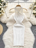Backless Sexy Women Knitted Dress Summer 2022 Korean Style O Neck Slim Solid Sleeveless Ladies A Line Midi